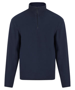 Navy blue long-sleeve pullover with a quarter zip on a white background