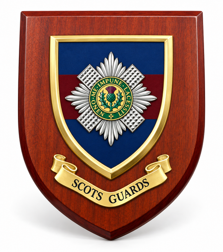 A wooden shield plaque featuring the Scots Guards emblem, with a polished reddish-brown wood finish, gold trim, a blue and red center panel, and a gold scroll reading 'SCOTS GUARDS'.