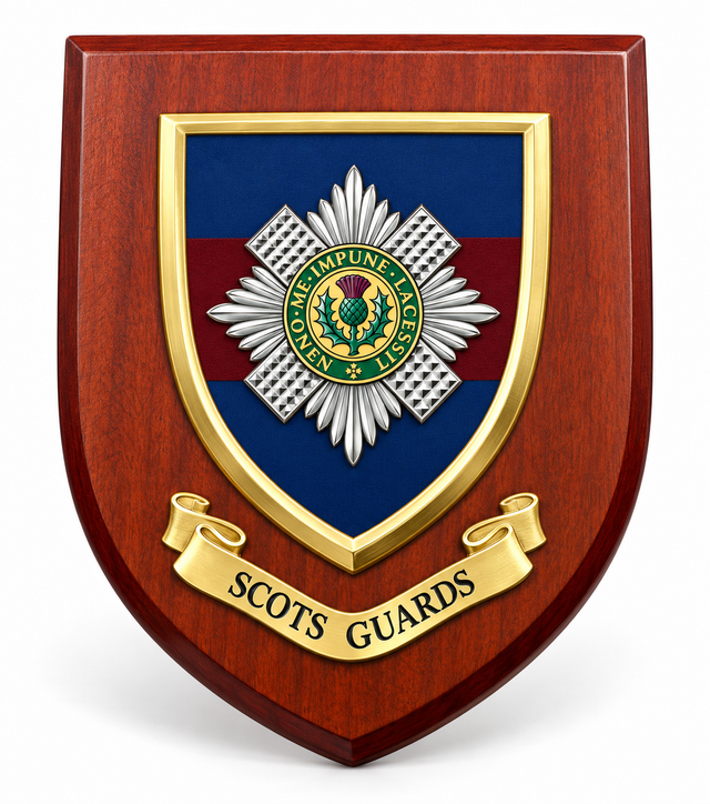 A wooden shield plaque featuring the Scots Guards emblem, with a polished reddish-brown wood finish, gold trim, a blue and red center panel, and a gold scroll reading 'SCOTS GUARDS'.