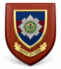 A wooden shield plaque featuring the Scots Guards emblem, with a polished reddish-brown wood finish, gold trim, a blue and red center panel, and a gold scroll reading 'SCOTS GUARDS'.