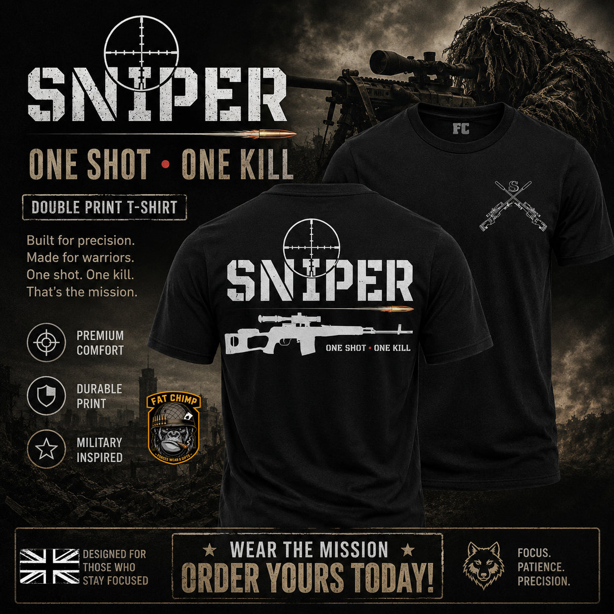 Sniper One Shot One Kill Double Print T-Shirt