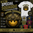 Promotional graphic for a 'Special Squaddie' t-shirt design, featuring a large central graphic of a smiling helmet with a yellow smiley face, alongside a white t-shirt displaying the graphic, smaller t-shirt color options, and military-themed text and badges.