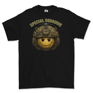 A black short-sleeve t-shirt with a graphic on the front showing a yellow smiley face inside a military helmet, with the words 'SPECIAL SQUADDIE' in tan above it. A small white 'fg' logo is visible inside the collar.