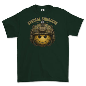 A dark green short-sleeve t-shirt with a graphic on the front showing a yellow smiley face wearing a military helmet, with the text 'SPECIAL SQUADDIE' arched above it. The shirt is displayed flat against a plain white background.