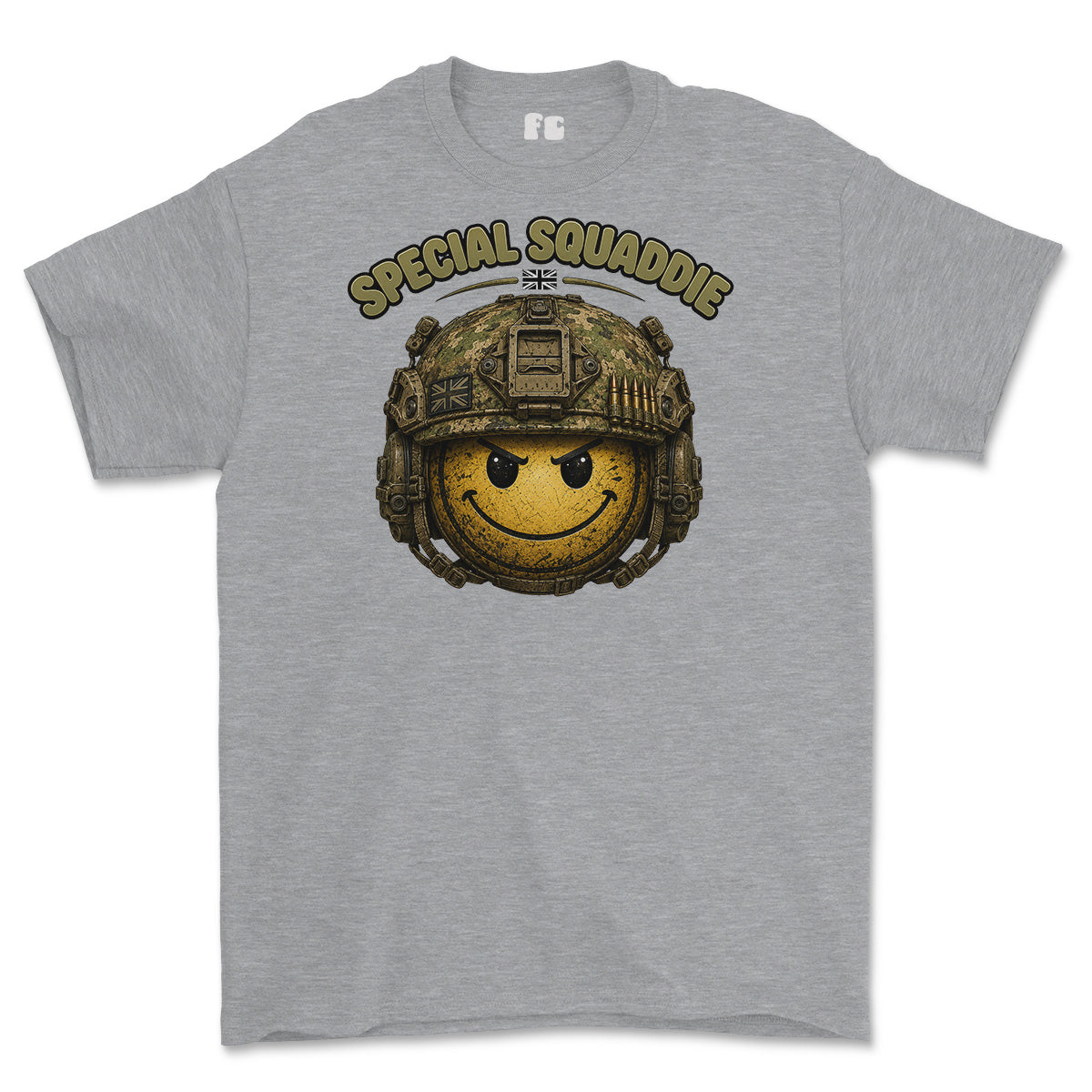 A heather gray short-sleeve t-shirt featuring a graphic of a yellow smiley face wearing a military combat helmet, with the text 'SPECIAL SQUADDE' arched above it.