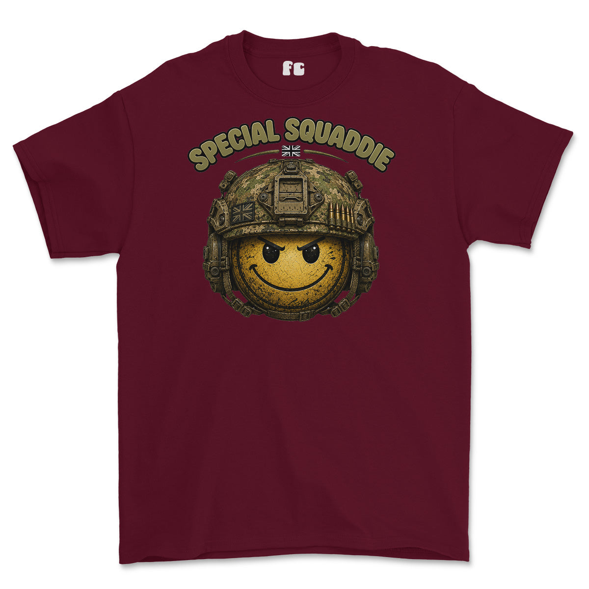 A maroon short-sleeve crewneck t-shirt featuring a graphic of a yellow smiley face wearing a camouflage military helmet, with the text 'SPECIAL SQUADDIE' arched above in olive green. A small white 'fg' logo is printed inside the collar.