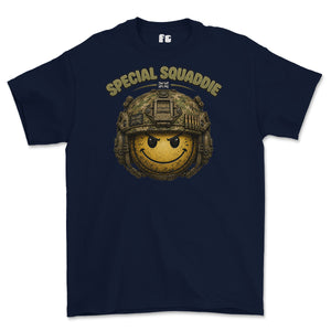 A navy blue short-sleeve t-shirt with a graphic on the chest featuring a yellow smiley face wearing a military helmet and the text 'SPECIAL SQUADDIE' in yellow-green.