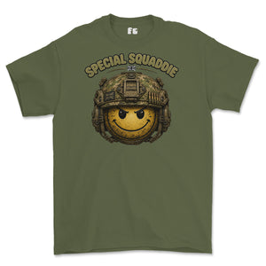 An olive green short-sleeve t-shirt with a graphic on the front showing a yellow smiley face wearing a camouflage military helmet, with the text 'SPECIAL SQUADDE' arched above it.