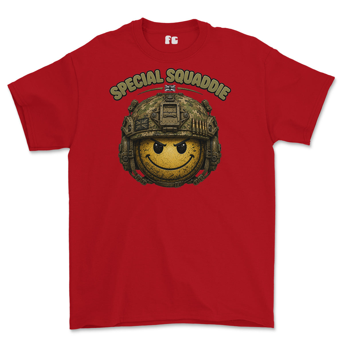 A red short-sleeve crewneck t-shirt featuring a graphic of a yellow smiley face wearing a camouflage military helmet, with the text 'SPECIAL SQUADDIE' arched above in olive green. A small white 'fg' logo is printed inside the collar.