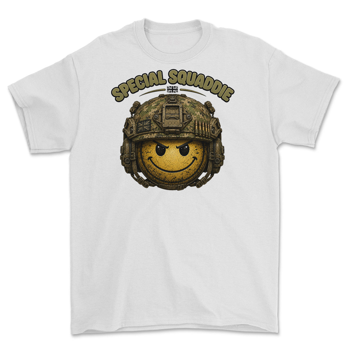 A white short-sleeve crewneck t-shirt featuring a graphic of a yellow smiley face wearing a military combat helmet, with the text 'SPECIAL SQUADIE' printed above in olive drab.