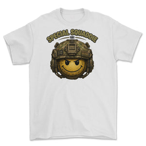 A white short-sleeve crewneck t-shirt featuring a graphic of a yellow smiley face wearing a military combat helmet, with the text 'SPECIAL SQUADIE' printed above in olive drab.