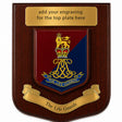 A custom wooden plaque featuring a Royal Life Guards crest with gold, red, and blue colors, a gold top plate with engraving text, and a gold scroll at the bottom reading 'The Life Guards'.