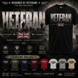 A promotional graphic for a black graphic t-shirt featuring the word 'VETERAN' in distressed military-style lettering with soldier silhouettes and a Union Jack flag. The layout includes a large shirt on the right, marketing text and badges on the left, and smaller color variants along the bottom.