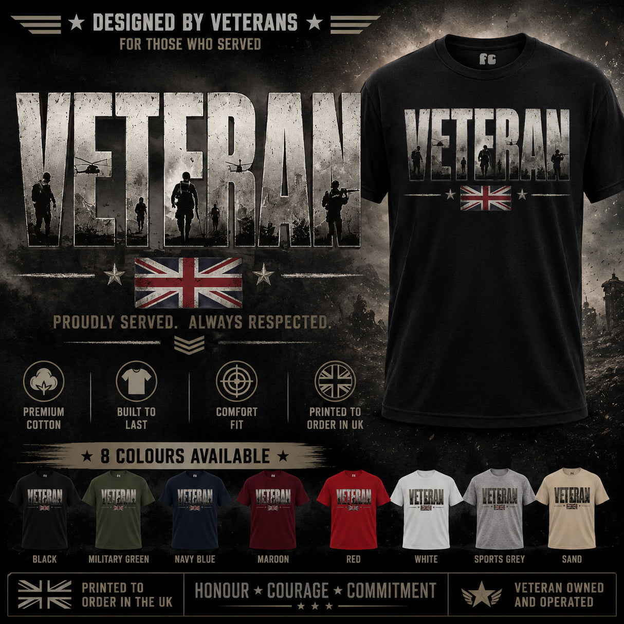 A promotional graphic for a black graphic t-shirt featuring the word 'VETERAN' in distressed military-style lettering with soldier silhouettes and a Union Jack flag. The layout includes a large shirt on the right, marketing text and badges on the left, and smaller color variants along the bottom.