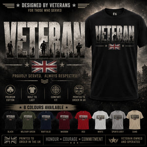 A promotional graphic for a black graphic t-shirt featuring the word 'VETERAN' in distressed military-style lettering with soldier silhouettes and a Union Jack flag. The layout includes a large shirt on the right, marketing text and badges on the left, and smaller color variants along the bottom.