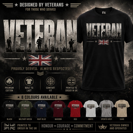 A promotional graphic for a black graphic t-shirt featuring the word 'VETERAN' in distressed military-style lettering with soldier silhouettes and a Union Jack flag. The layout includes a large shirt on the right, marketing text and badges on the left, and smaller color variants along the bottom.