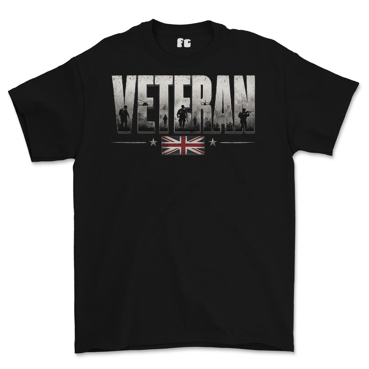 A dark green short-sleeve t-shirt with a graphic on the chest reading 'VETERAN' in distressed white letters, featuring soldier silhouettes and a Union Jack flag design below.