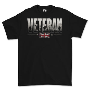 A dark green short-sleeve t-shirt with a graphic on the chest reading 'VETERAN' in distressed white letters, featuring soldier silhouettes and a Union Jack flag design below.