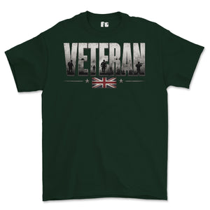 A dark green short-sleeve t-shirt with a graphic on the chest reading 'VETERAN' in distressed white letters, featuring soldier silhouettes and a Union Jack flag design below.