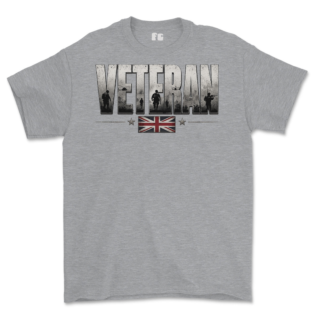 A heather gray short-sleeve crewneck t-shirt featuring a distressed graphic on the chest that reads 'VETERAN' with military silhouettes inside the letters, and a small Union Jack flag graphic below.