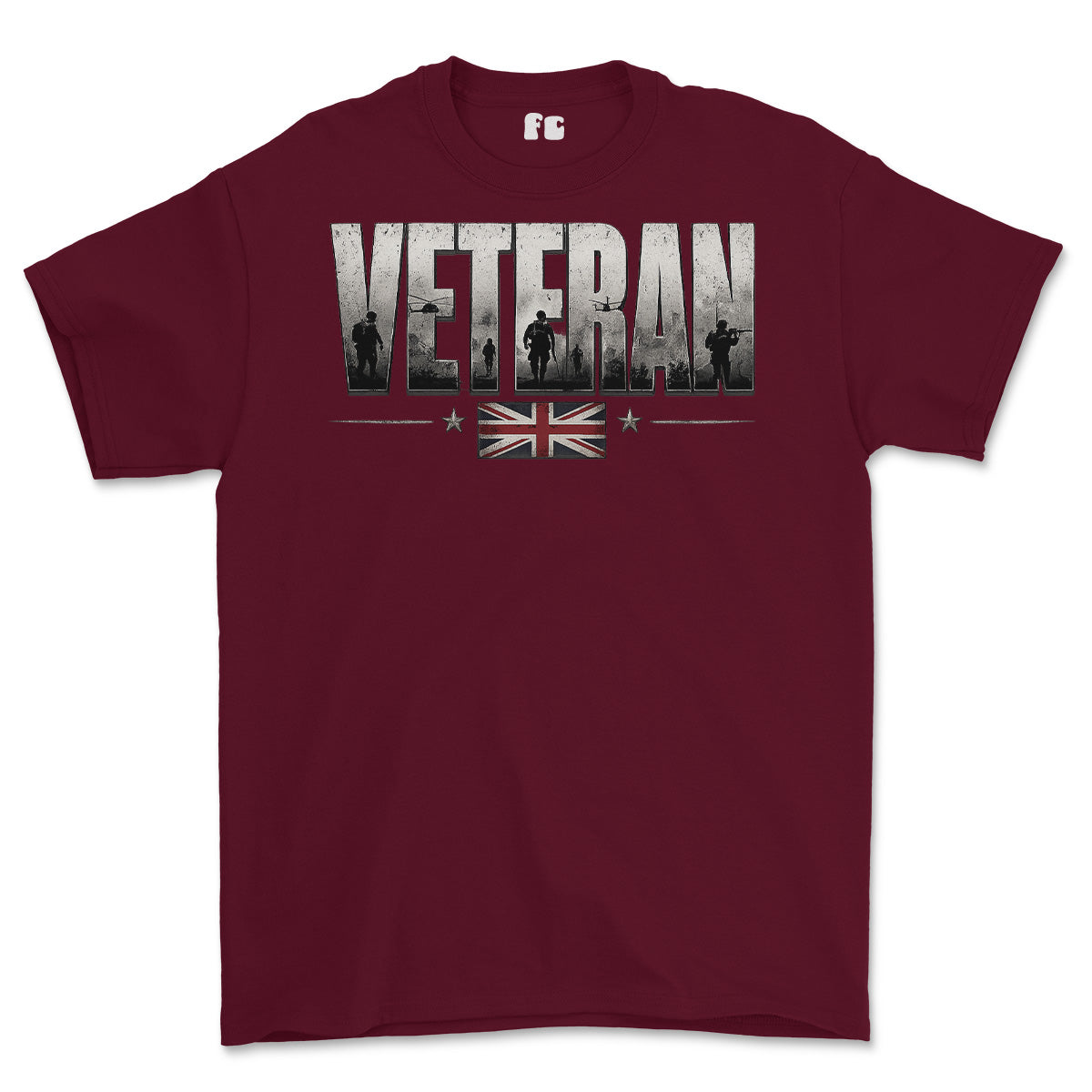 A maroon short-sleeve crewneck t-shirt featuring a distressed graphic on the front with the word 'VETERAN' in block letters, soldier silhouettes, stars, and a Union Jack flag.