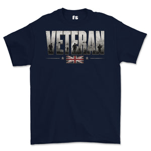 A navy blue short-sleeve t-shirt with a graphic on the front that reads 'VETERAN' in distressed white letters, featuring soldier silhouettes inside the letters and a Union Jack flag graphic below.