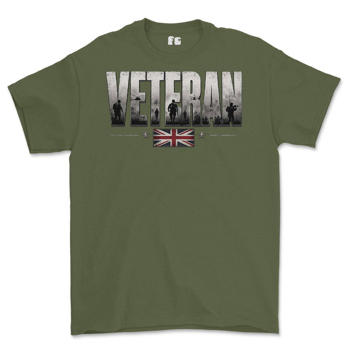 An olive green short-sleeve t-shirt with a graphic on the chest reading 'VETERAN' in distressed white letters, featuring soldier silhouettes and a Union Jack flag underneath, shown on a plain white background.