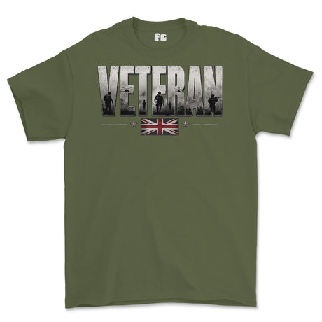 An olive green short-sleeve t-shirt with a graphic on the chest reading 'VETERAN' in distressed white letters, featuring soldier silhouettes and a Union Jack flag underneath, shown on a plain white background.