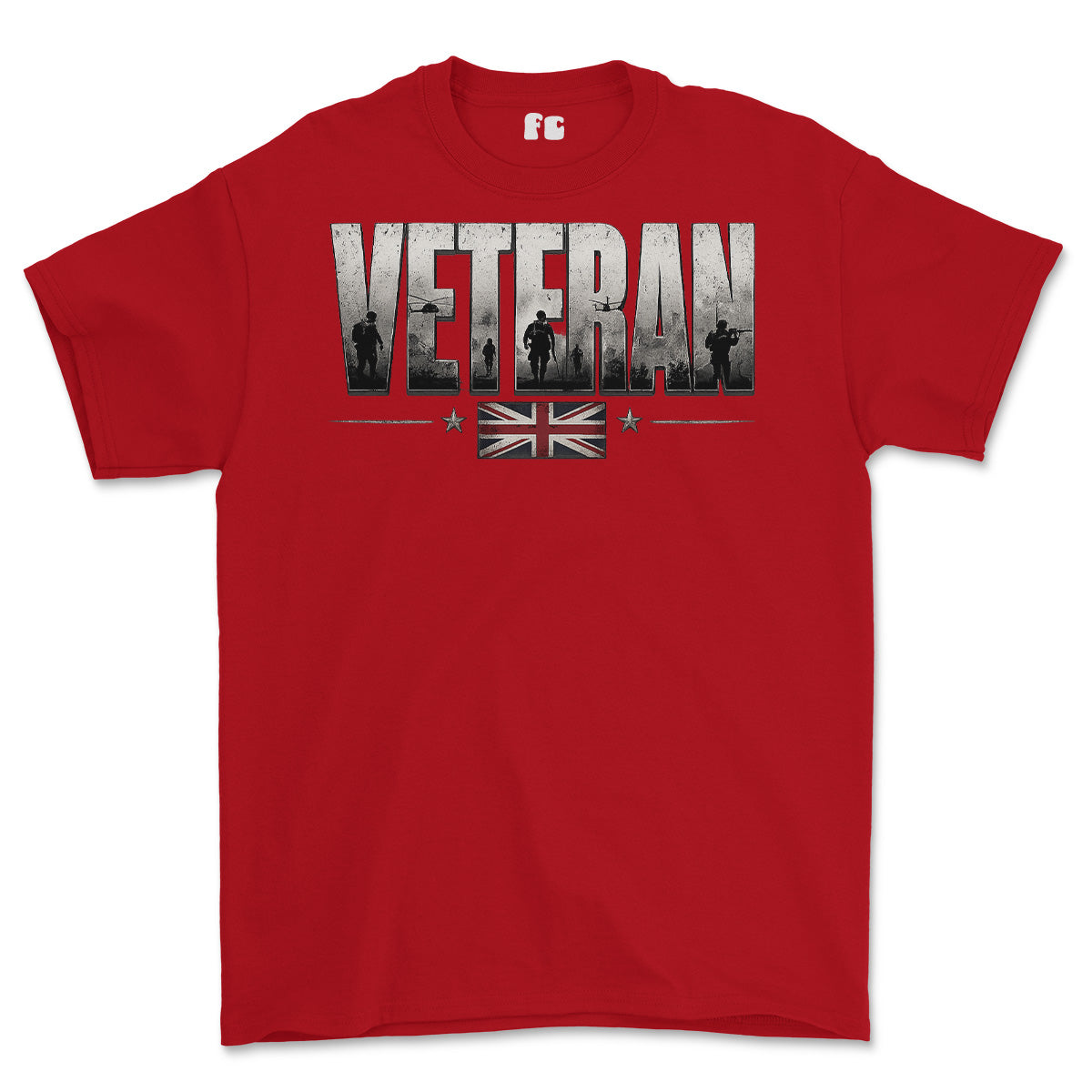 A red short-sleeve crewneck t-shirt featuring a distressed graphic on the front that reads 'VETERAN' with soldier silhouettes inside the letters, a Union Jack flag, and stars below, shown on a plain white background.