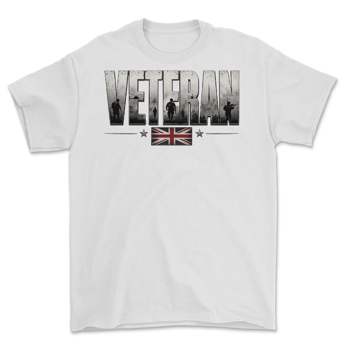 A white short-sleeve crewneck t-shirt featuring a graphic print on the front. The graphic displays the word 'VETERAN' in distressed gray block letters filled with military silhouettes, a small Union Jack flag, and two stars.