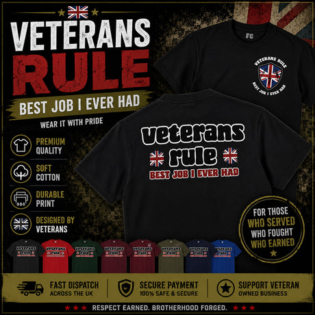 A promotional product graphic for a black graphic T-shirt featuring the words 'veterans rule' and 'BEST JOB I EVER HAD' with small Union Jack flags. The image shows two views of the shirt, large marketing text, feature callouts, a circular badge, and a row of other shirt color options along the bottom on a dark textured background.