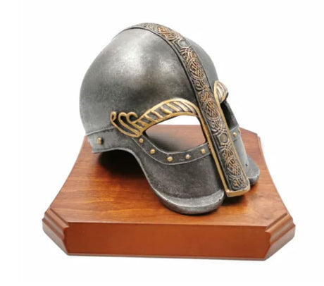 Warrior Helmet Statue Presentation Standard Wooden Base Military