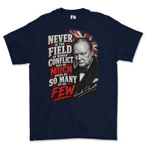 A navy blue short-sleeve t-shirt with a large graphic print of Winston Churchill and a quote about human conflict, displayed on a clean white background.