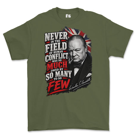An olive green short-sleeve t-shirt with a large graphic print of Winston Churchill and a quote about human conflict, set against a plain white background.