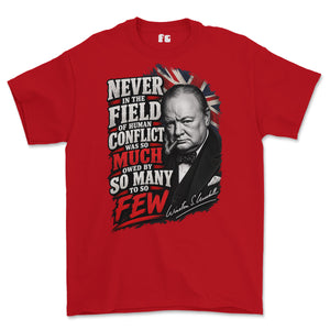 A red short-sleeve graphic t-shirt featuring a portrait of Winston Churchill and bold text reading 'NEVER IN THE FIELD OF HUMAN CONFLICT WAS SO MUCH OWE BY SO MANY TO SO FEW' with a Union Jack background.