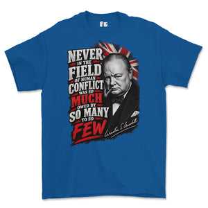 A royal blue short-sleeve t-shirt with a large graphic print of Winston Churchill and a quote about human conflict, displayed on a clean white background.