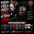 A promotional graphic for a black graphic T-shirt featuring Winston Churchill portraits and large red and white text. The design includes a Union Jack motif, product feature callouts on the right, a row of available shirt color options along the bottom, and commemorative text and badges around the edges.