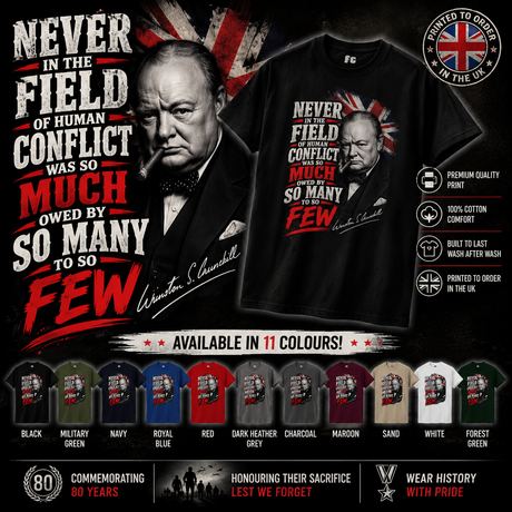 A promotional graphic for a black graphic T-shirt featuring Winston Churchill portraits and large red and white text. The design includes a Union Jack motif, product feature callouts on the right, a row of available shirt color options along the bottom, and commemorative text and badges around the edges.