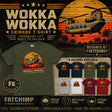 A promotional graphic for a Wokka Wokka Chinook T-shirt. The main product shown is a dark olive green T-shirt with a graphic of a military helicopter over a sunset, with the text 'WOKKA WOKKA' and 'CHINOOK T-SHIRT'.