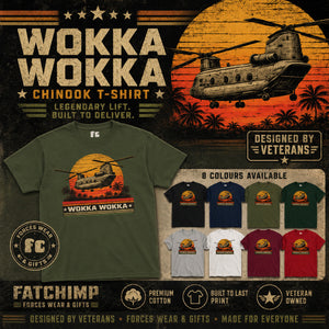 A promotional graphic for a Wokka Wokka Chinook T-shirt. The main product shown is a dark olive green T-shirt with a graphic of a military helicopter over a sunset, with the text 'WOKKA WOKKA' and 'CHINOOK T-SHIRT'.