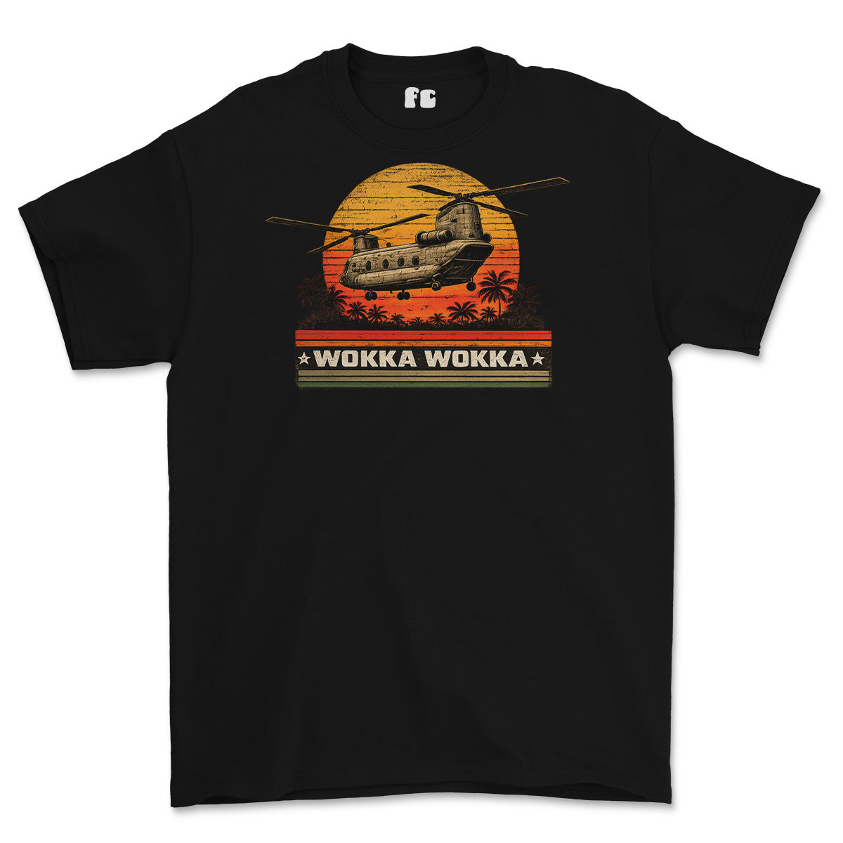 A black short-sleeve crewneck t-shirt featuring a retro graphic of a military helicopter flying over a sunset with palm trees and the text 'WOKKA WOKKA' printed below.