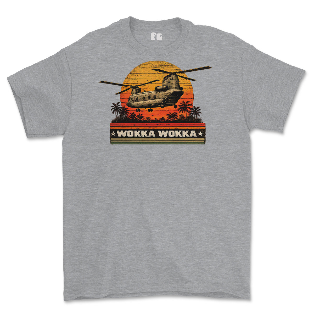 A heather gray short-sleeve t-shirt featuring a retro graphic of a military CH-47 helicopter flying over a sunset with palm trees and the text 'WOKKA WOKKA'.