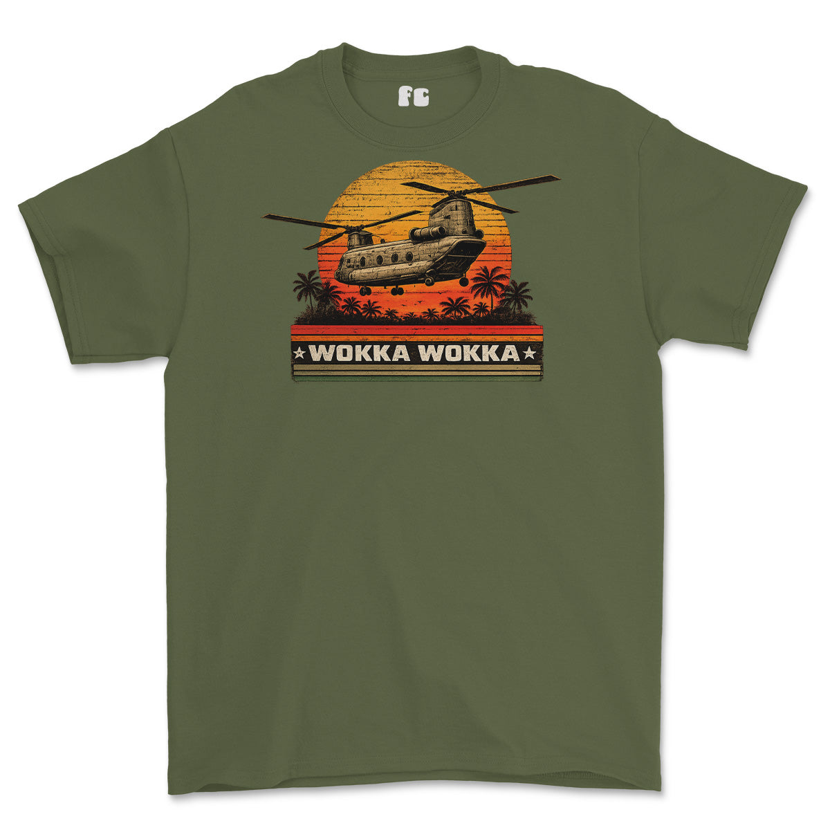 An olive green short-sleeve t-shirt with a vintage-style graphic of a military CH-47 helicopter flying over a sunset with palm trees, and the text 'WOKKA WOKKA' printed below.