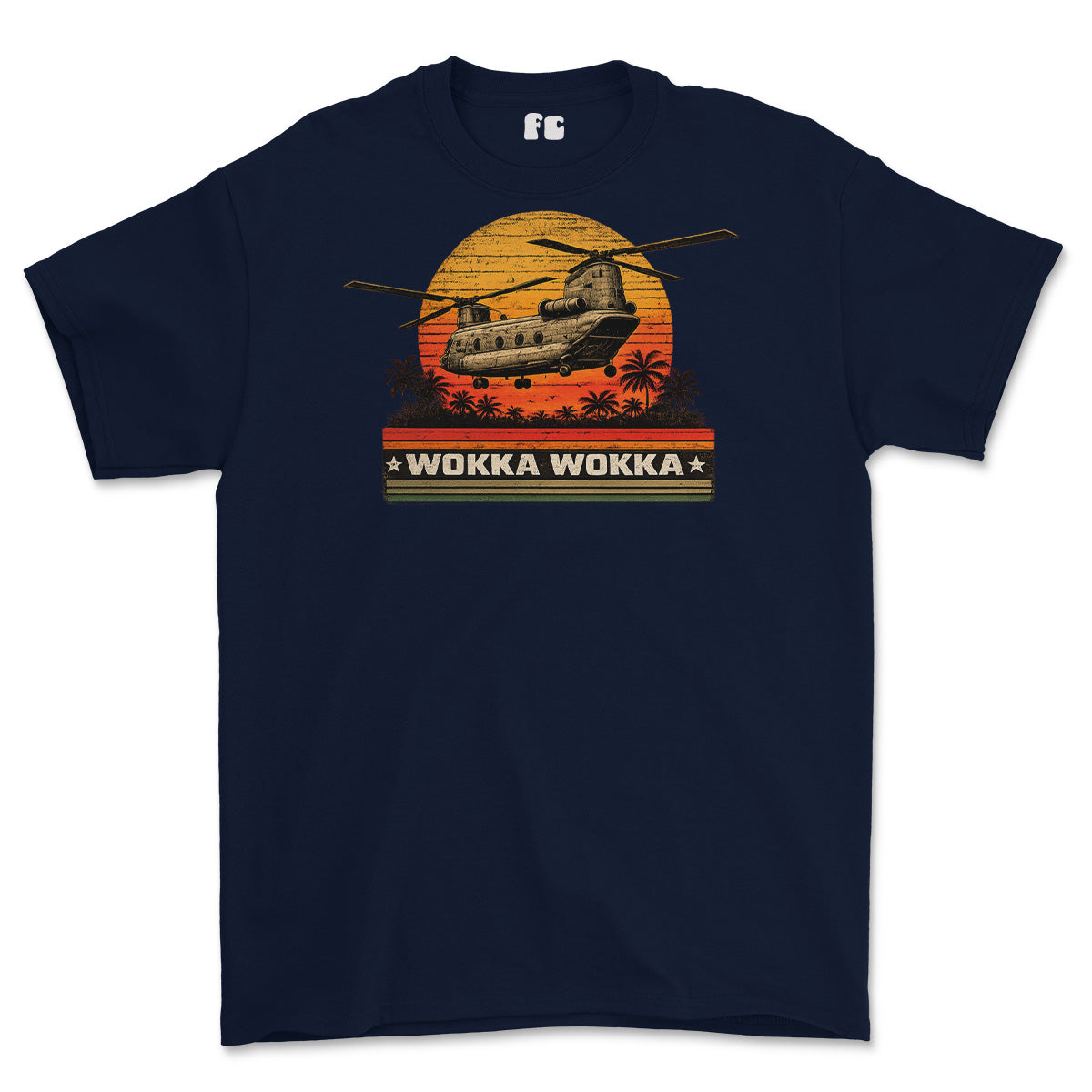A navy blue short-sleeve t-shirt with a retro-style graphic of a military helicopter flying over a sunset with palm trees and the text 'WOKKA WOKKA'.