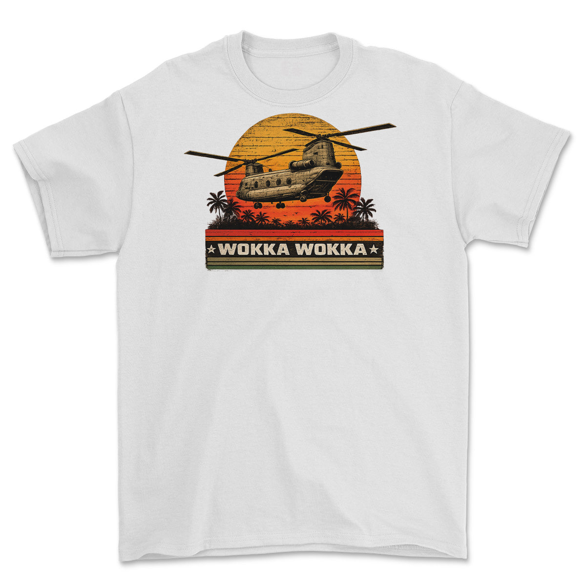 A white short-sleeve crewneck t-shirt featuring a retro graphic of a military CH-47 helicopter flying over a sunset with palm trees and the text 'WOKKA WOKKA'.