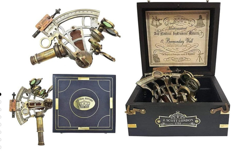 BRASS SHIPS HISTORY SEXTANT WITH WOODEN BOX