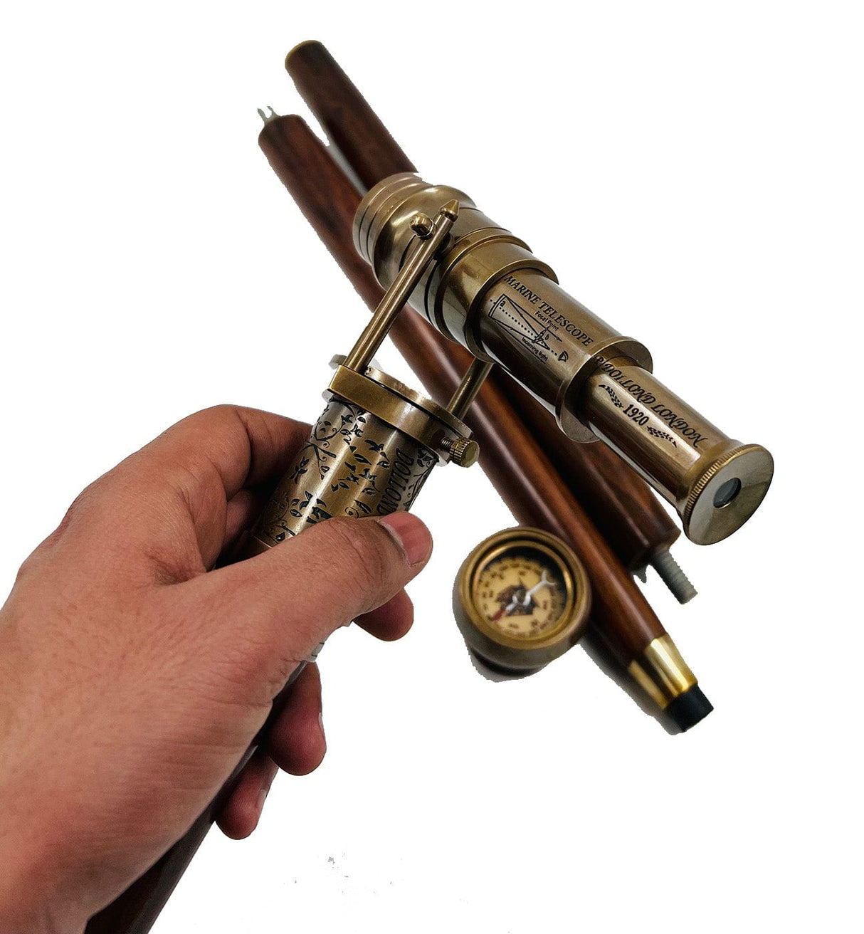 BRASS TELESCOPE & COMPASS HANDLE WALKING STICK