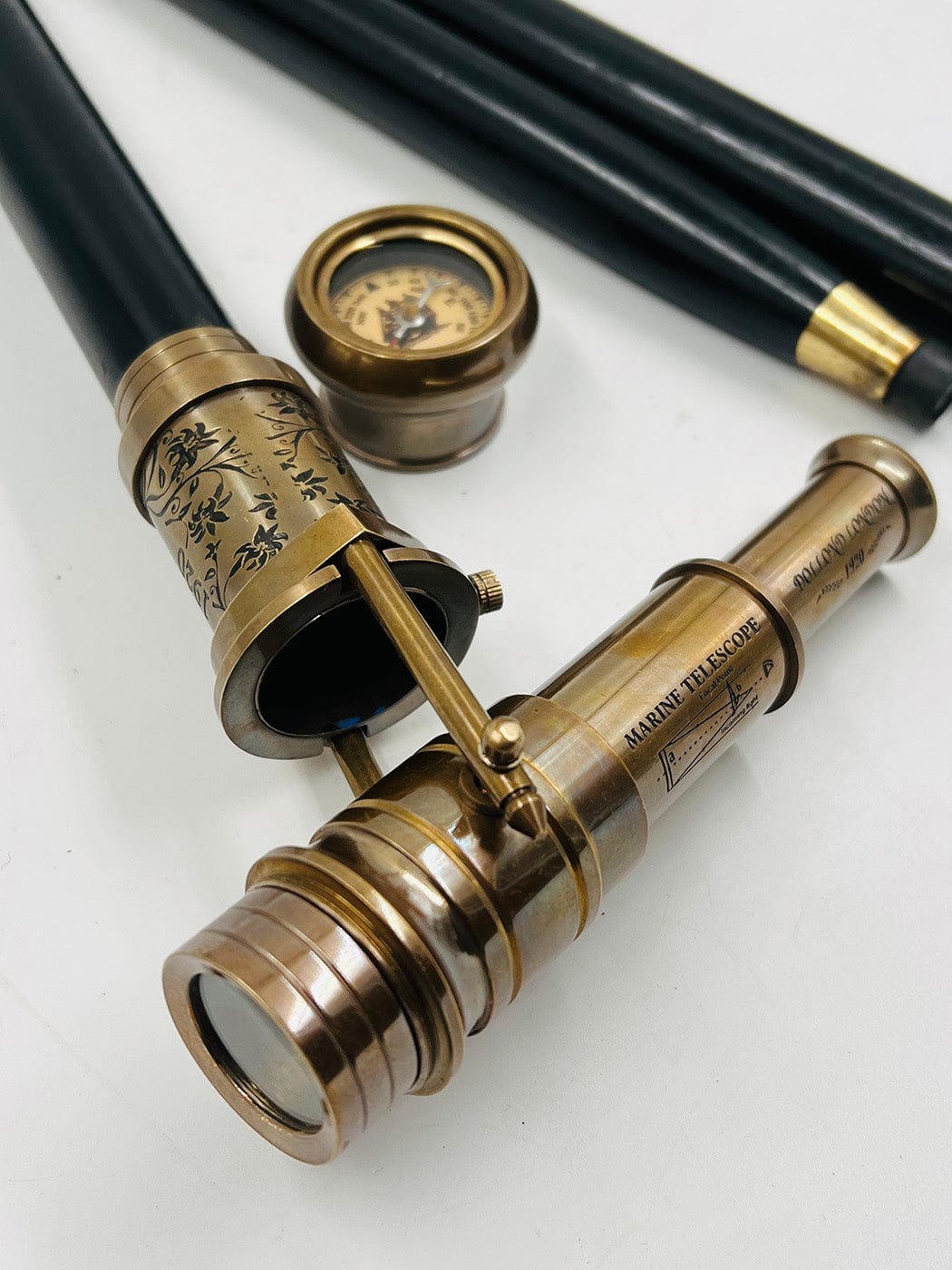 BRASS TELESCOPE & COMPASS HANDLE WALKING STICK