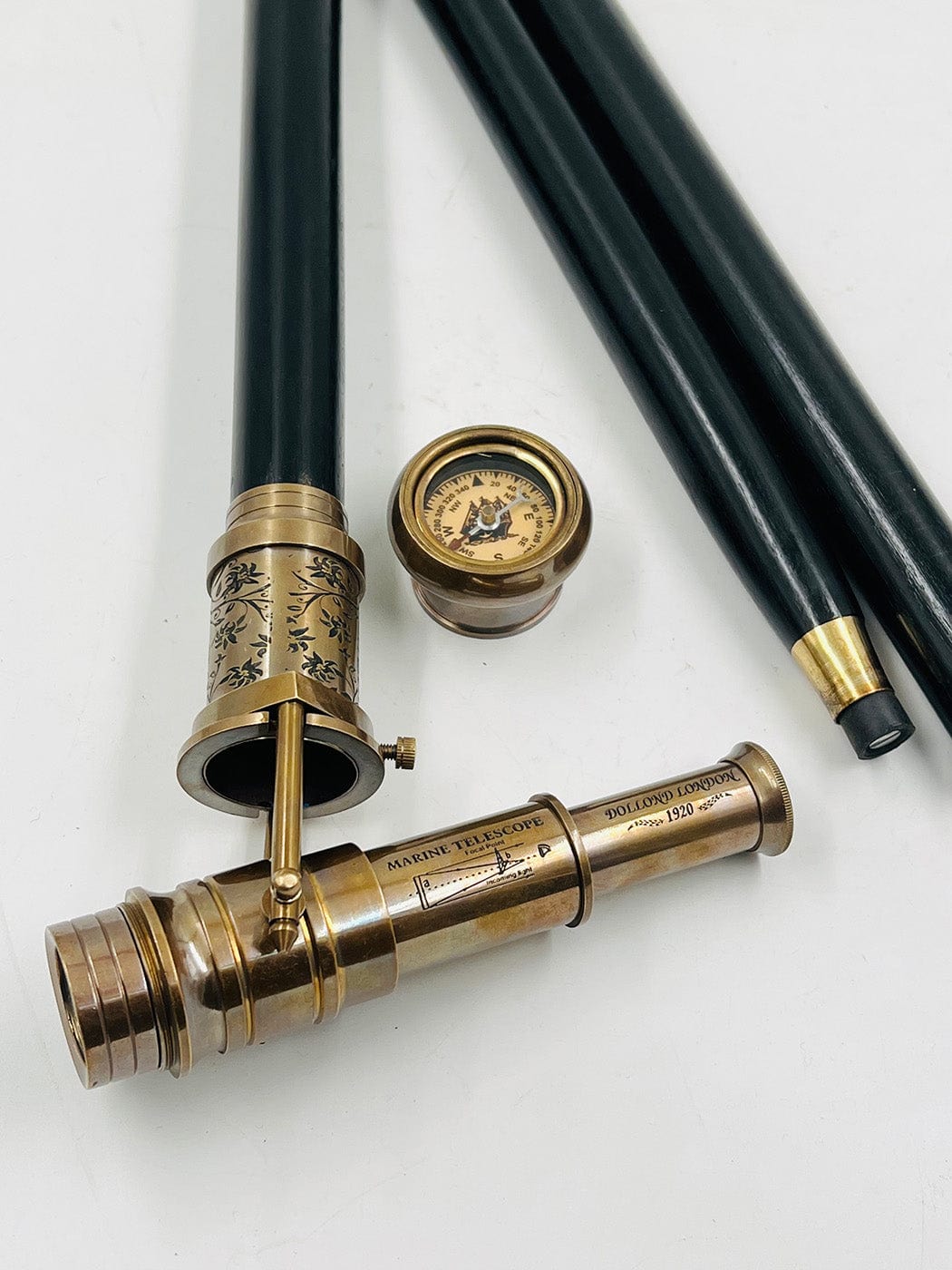 BRASS TELESCOPE & COMPASS HANDLE WALKING STICK