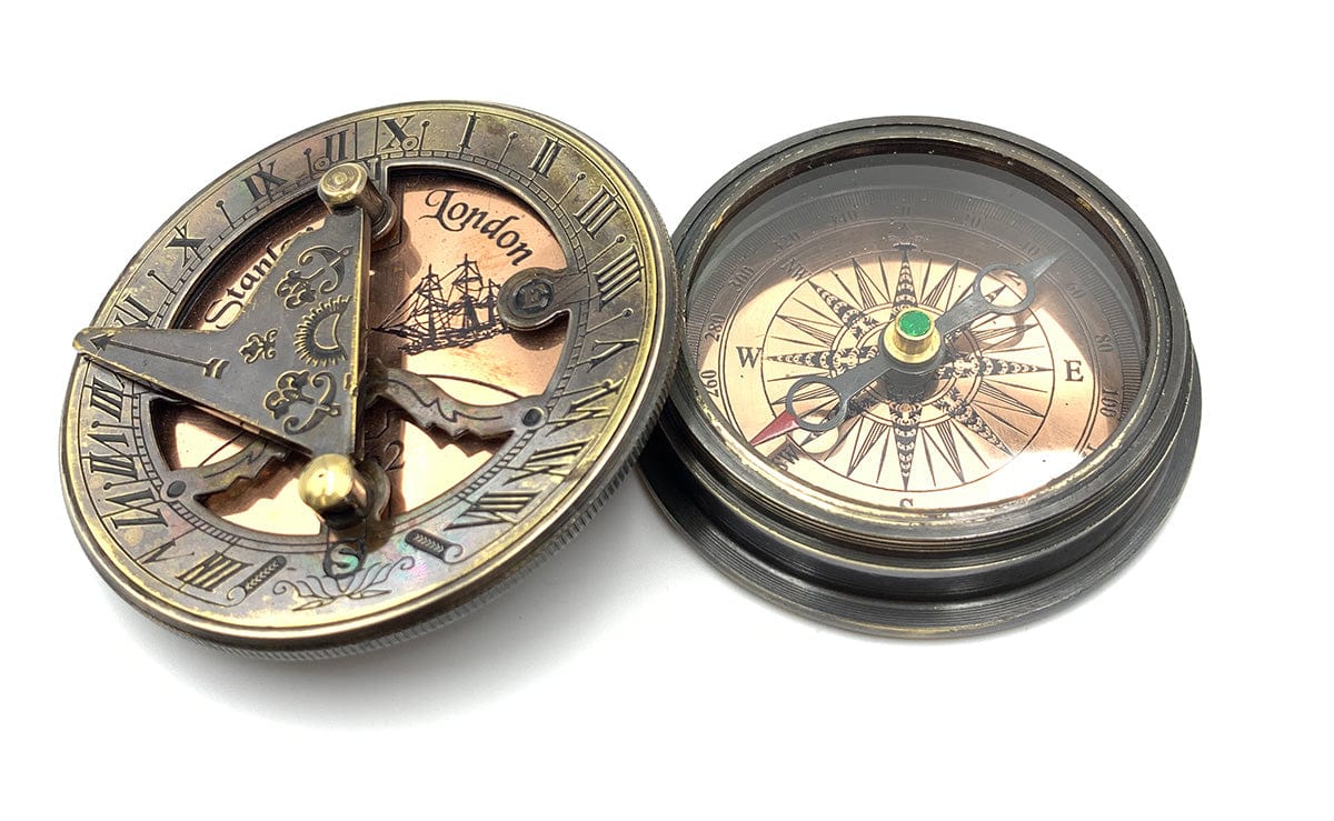 STANLEY LONDON REPLICA SUNDIAL COMPASS WITH WOODEN BOX